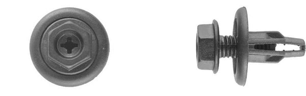 Black Nylon Splash Shield Hex Phillips Retainer  8mm (5/16') Hole Size  15mm Stem Length  20mm Flange Diameter  1972PK 10 Per Bag  Compare to Honda 91516-SK7-013