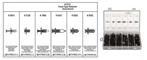 Black Nylon Push Ret Assortment - Shipped in 6 Hole Plastic Tray: 1 per Ea