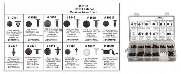 Cowl Fastener Retainer Assortment - Shipped in 12 Hole PlasticTray: 1 per Ea