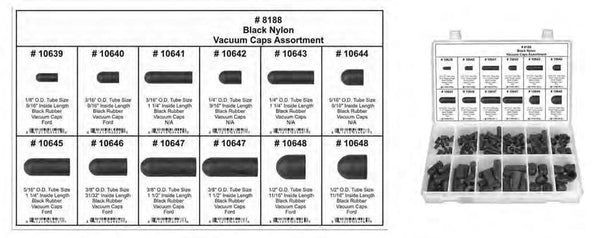 Black Rubber Vacuum Cap Assortment - Shipped in 12 Hole Plast. Tray: 1 per Ea