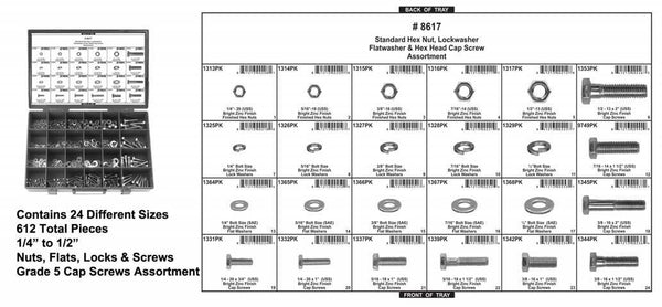 Grade 5 Nut & Bolt Assortment - 24 Hole Gray Metal Tray: 1 per Ea