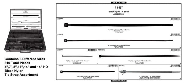 Black Nylon Tie Strap Assortment - Adjustable Red Tray with Clear Lid: 1 per Ea