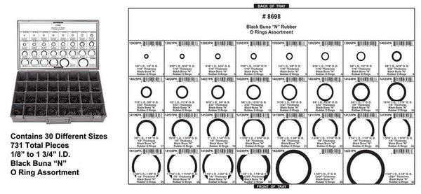 Black Buna "N" O Ring Assortment - Adjustable Yellow Tray with Clear Lid: 1 per Ea